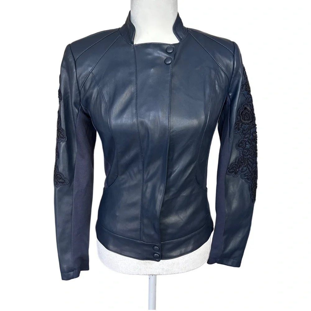 G by Guiliana Vintage Vegan Leather Beaded Embroidered Floral Navy Jacket Size 0